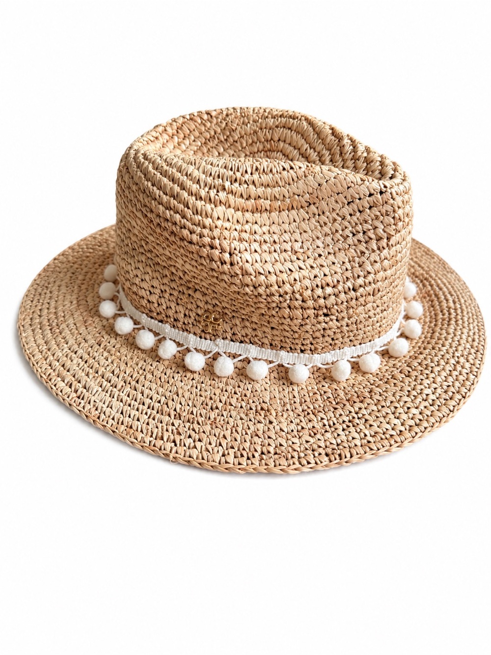 Tory Burch Straw Fedora Hat with Pom Trim - Natural